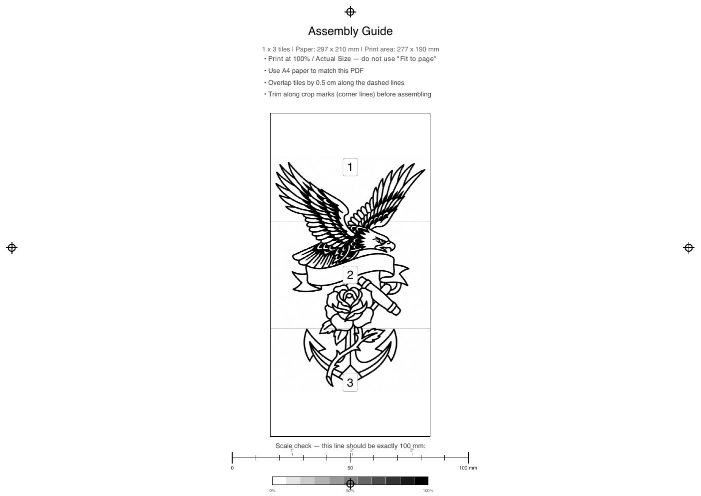 Das druckfertige PDF, das GridPrint erzeugt: das Design über mehrere A4-Seiten gekachelt, mit Schnittmarken, Überlappungshilfen und einem Maßstabslineal zur Kontrolle